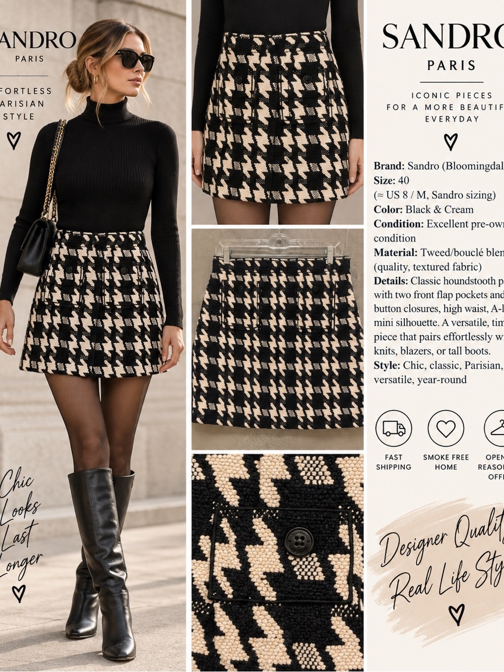 Sandro Black & Cream Houndstooth Tweed Mini Skirt with Front Buttons